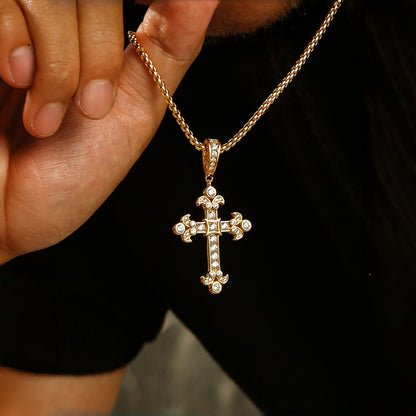 Sterling Silver Vintage Iced Cross Pendant – 14K Gold Finish