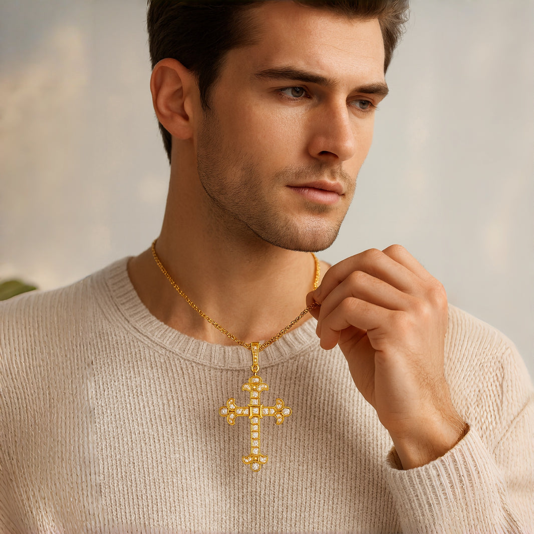 Sterling Silver Vintage Iced Cross Pendant – 14K Gold Finish