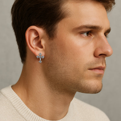 Sterling Silver Vintage Cross Stud Earrings – Oxidized Silver Finish