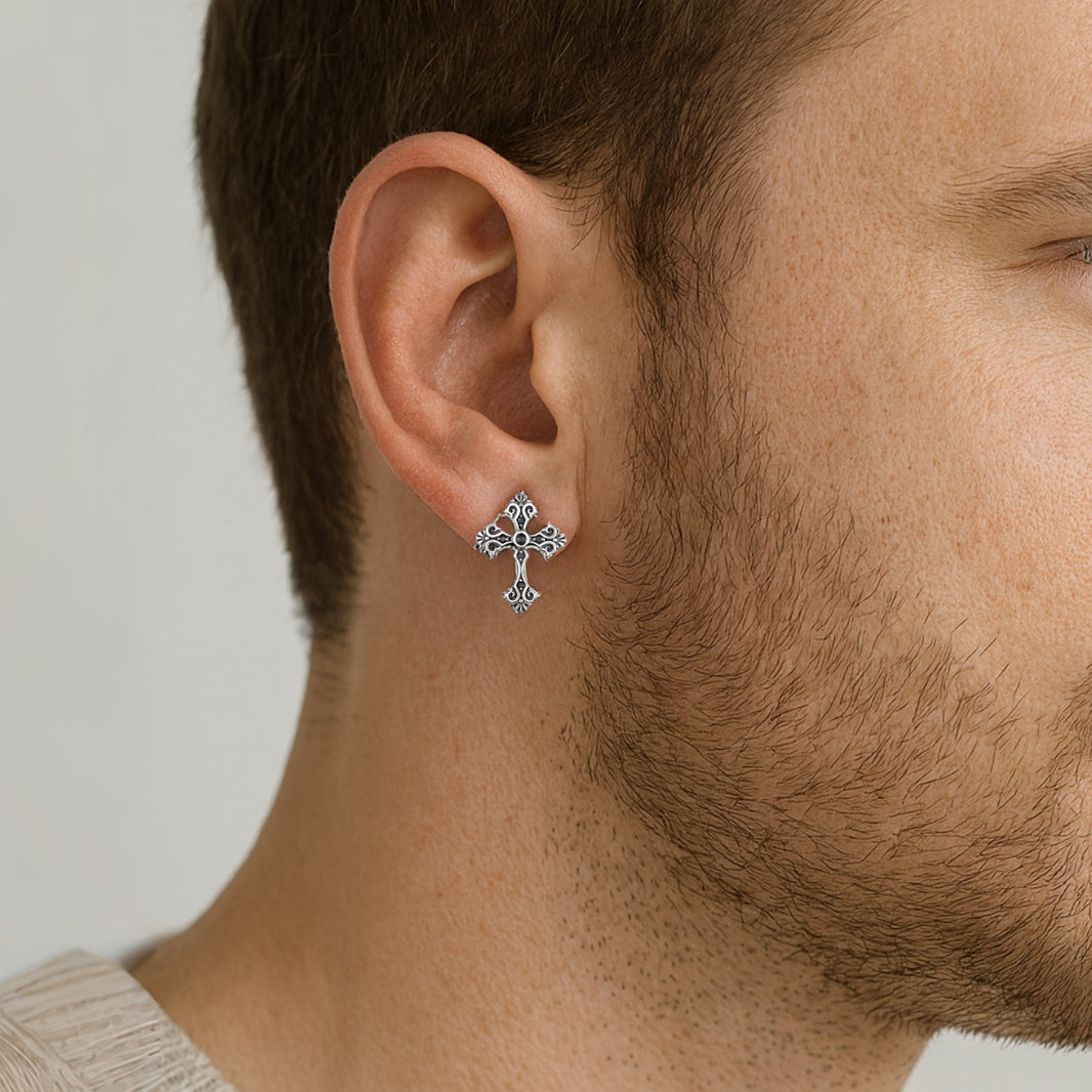 Sterling Silver Vintage Cross Stud Earrings – Oxidized Silver Finish