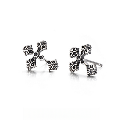 Sterling Silver Vintage Cross Stud Earrings – Oxidized Silver Finish