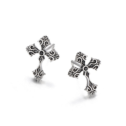 Sterling Silver Vintage Cross Stud Earrings – Oxidized Silver Finish