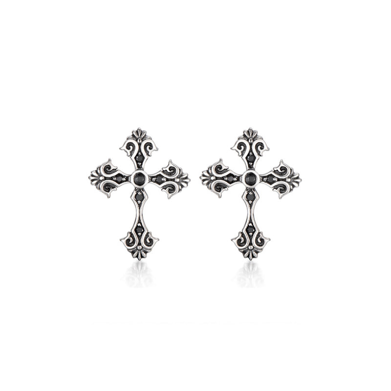 Sterling Silver Vintage Cross Stud Earrings – Oxidized Silver Finish