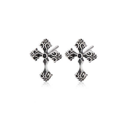 Sterling Silver Vintage Cross Stud Earrings – Oxidized Silver Finish
