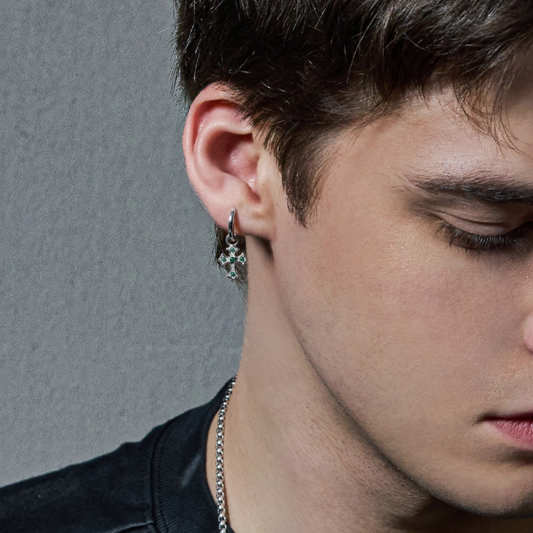 Sterling Silver Green CZ Cross Drop Earrings – Rhodium Finish