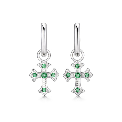 Sterling Silver Green CZ Cross Drop Earrings – Rhodium Finish