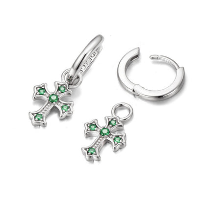 Sterling Silver Green CZ Cross Drop Earrings – Rhodium Finish