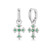 Sterling Silver Green CZ Cross Drop Earrings – Rhodium Finish