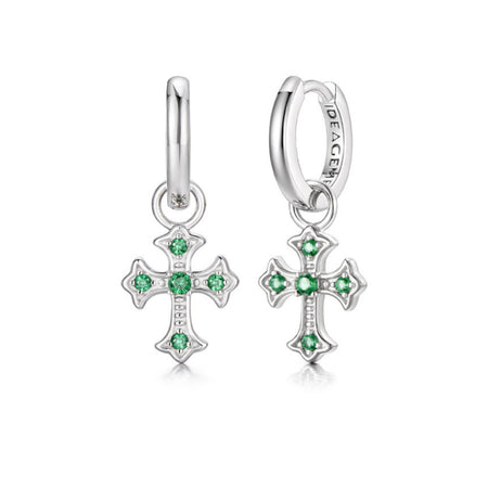 Sterling Silver Green CZ Cross Drop Earrings – Rhodium Finish