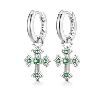 Sterling Silver Green CZ Cross Drop Earrings – Rhodium Finish