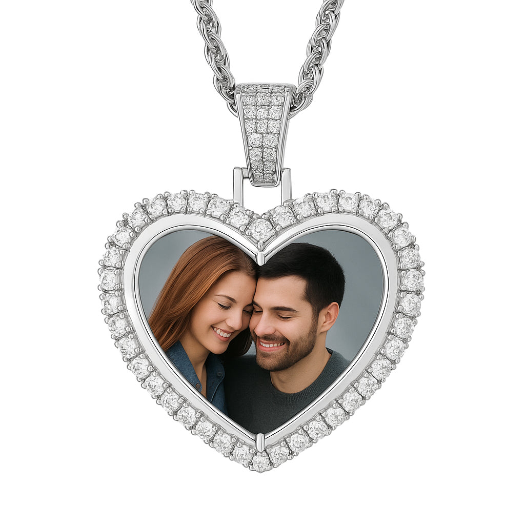 Iced Out Double-Sided Heart Flip Pendant – White Gold Finish