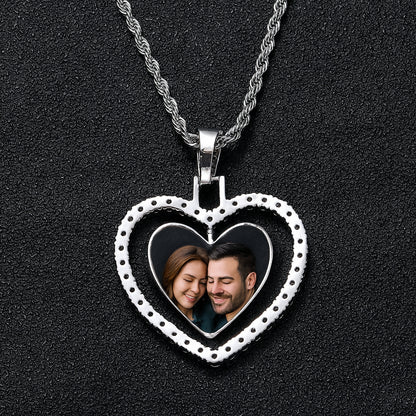 Iced Out Double-Sided Heart Flip Pendant – White Gold Finish