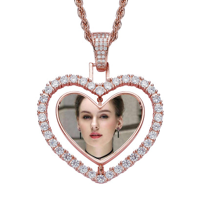 Iced Out Double-Sided Heart Flip Pendant – White Gold Finish