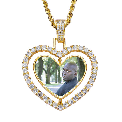 Iced Out Double-Sided Heart Flip Pendant – White Gold Finish