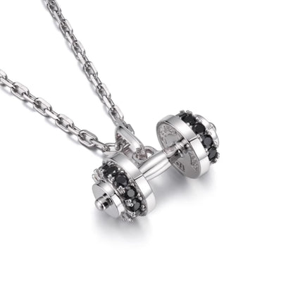 Sterling Silver Black CZ Dumbbell Pendant – White Gold Finish