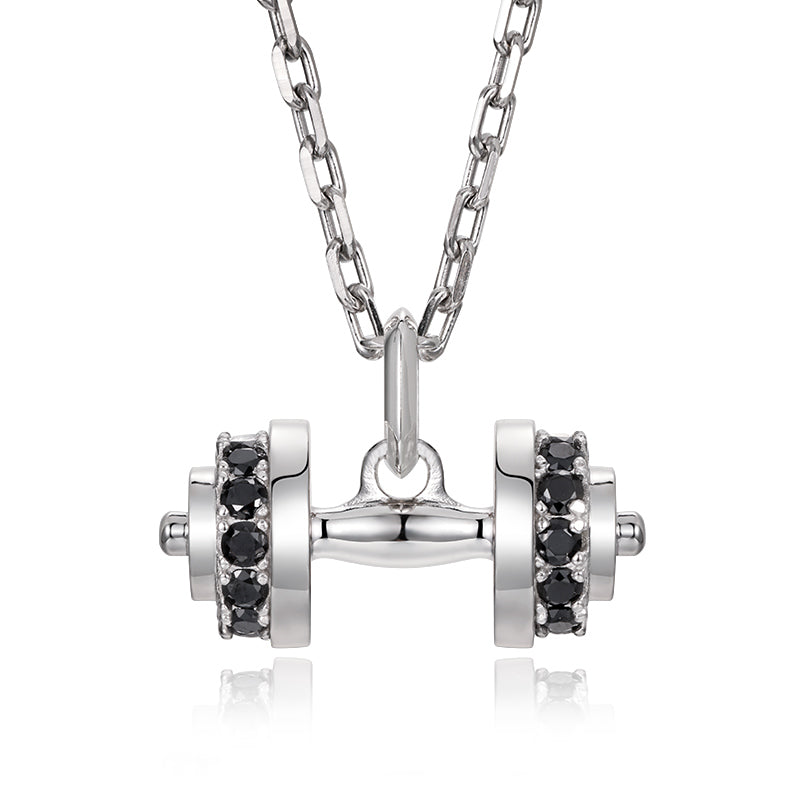 Sterling Silver Black CZ Dumbbell Pendant – White Gold Finish