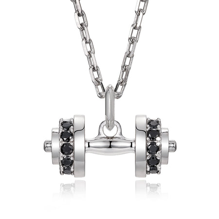 Sterling Silver Black CZ Dumbbell Pendant – White Gold Finish