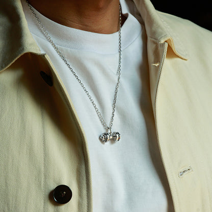 Sterling Silver Black CZ Dumbbell Pendant – White Gold Finish