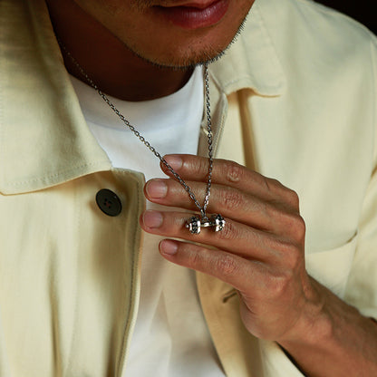 Sterling Silver Black CZ Dumbbell Pendant – White Gold Finish