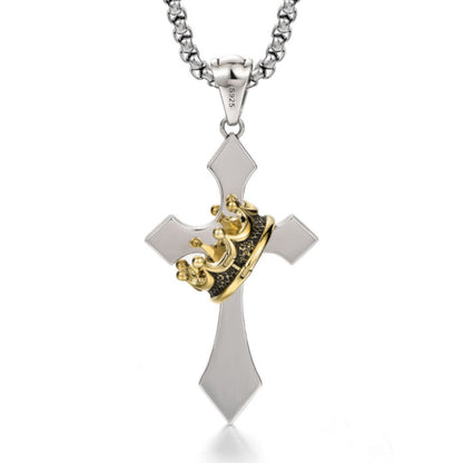 Sterling Silver Royal Crown Cross Pendant – Gold Finish