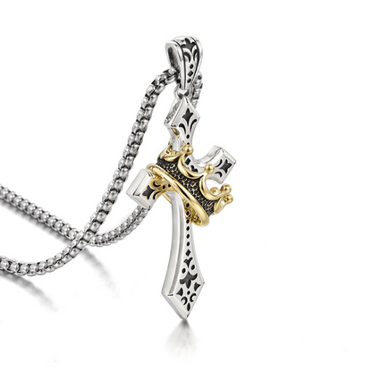 Sterling Silver Royal Crown Cross Pendant – Gold Finish