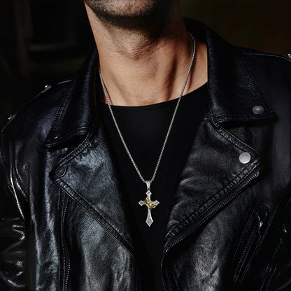 Sterling Silver Royal Crown Cross Pendant – Gold Finish