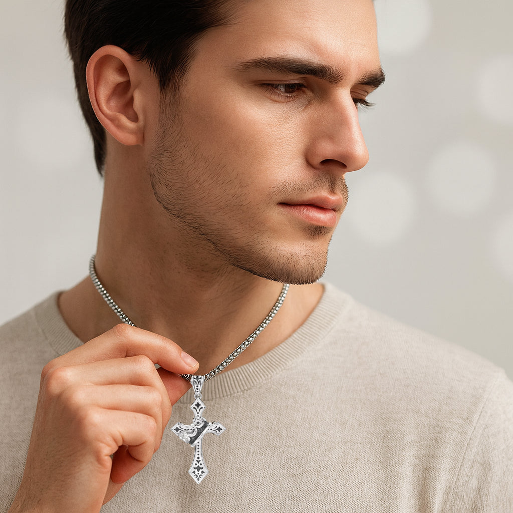 Sterling Silver Royal Crown Cross Pendant – Silver Finish