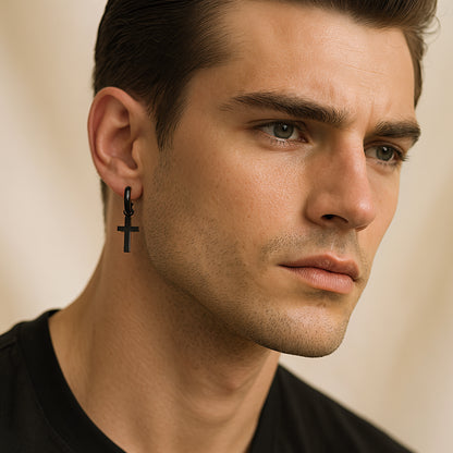 Sterling Silver Cross Drop Earrings – Black Rhodium Finish