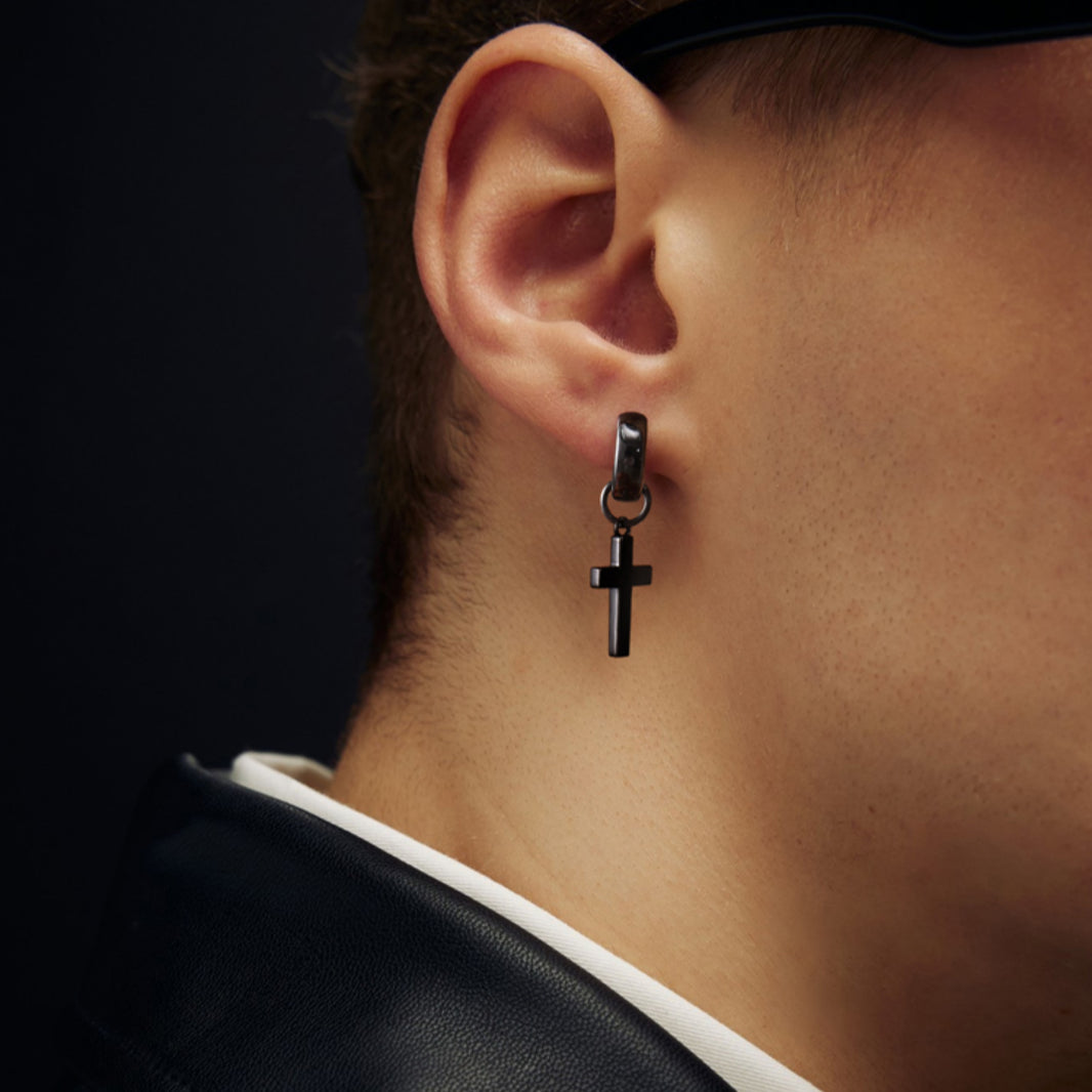 Sterling Silver Cross Drop Earrings – Black Rhodium Finish