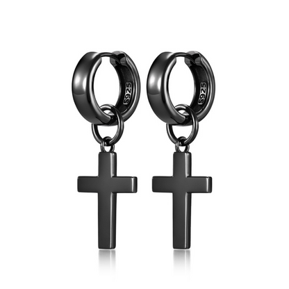 Sterling Silver Cross Drop Earrings – Black Rhodium Finish
