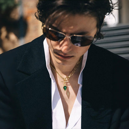 Sterling Silver Emerald Green Geometric Pendant – 14K Gold Finish