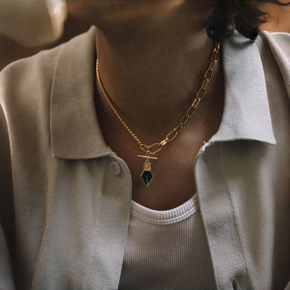 Sterling Silver Emerald Green Geometric Pendant – 14K Gold Finish