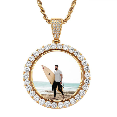 42mm Gold Plated Two-Sided Rotating Custom Photo Round Pendant with 5A CZ