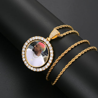 42mm Gold Plated Two-Sided Rotating Custom Photo Round Pendant with 5A CZ