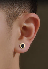 7.7mm 18K Gold Black Agate Stud Earrings