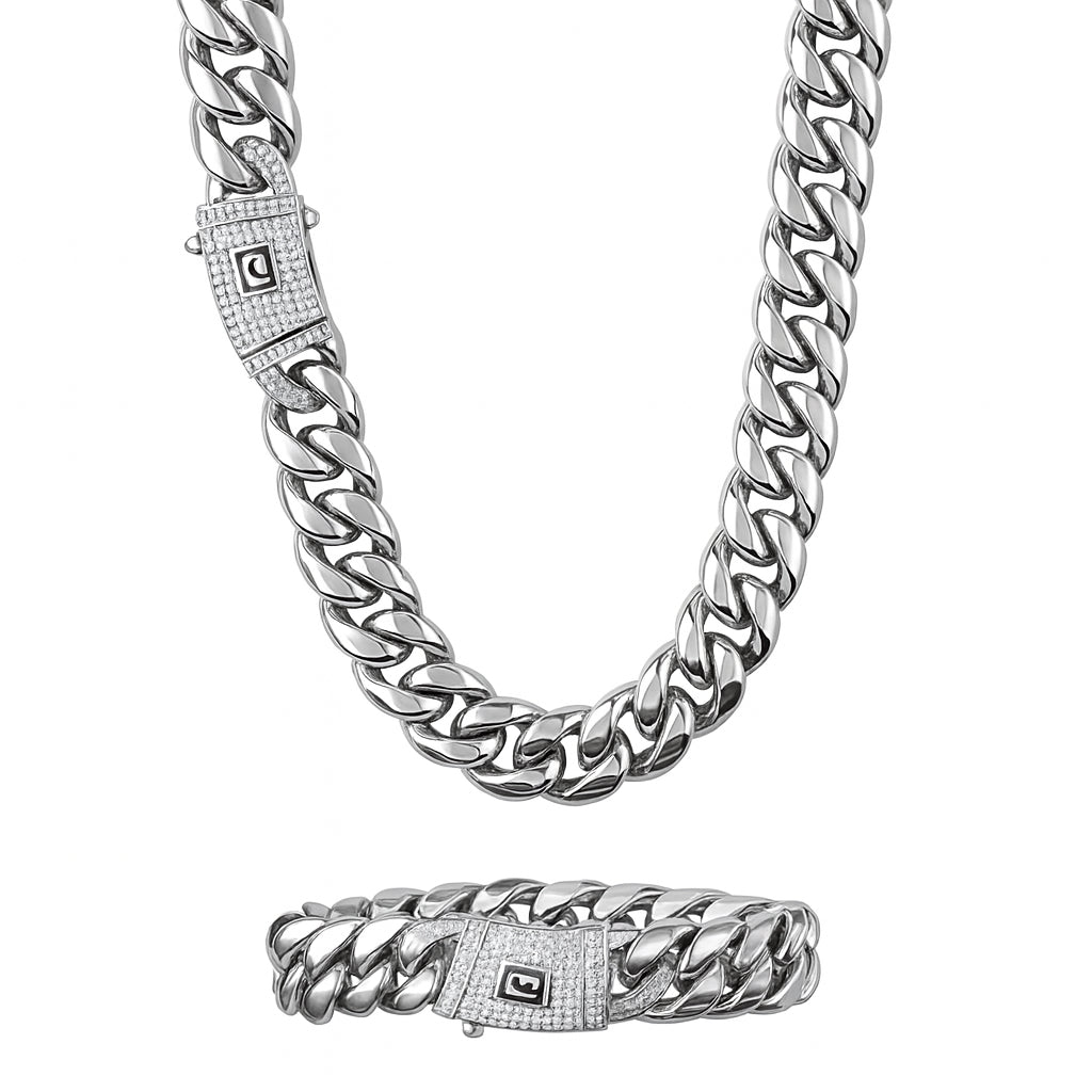 10mm Iced Cuban Link Chain Set – Silver Finish