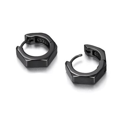 Sterling Silver Hexagon Huggie Hoop Earrings – Black Rhodium Finish