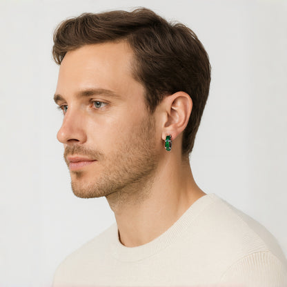 Sterling Silver Green CZ Huggie Hoop Earrings – Rhodium Finish