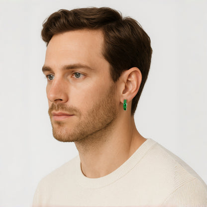 Sterling Silver Green CZ Huggie Hoop Earrings – Rhodium Finish
