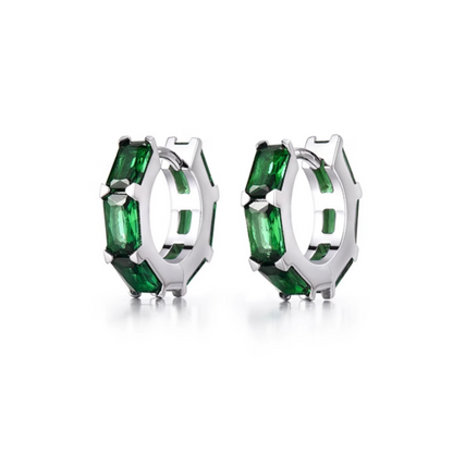 Sterling Silver Green CZ Huggie Hoop Earrings – Rhodium Finish