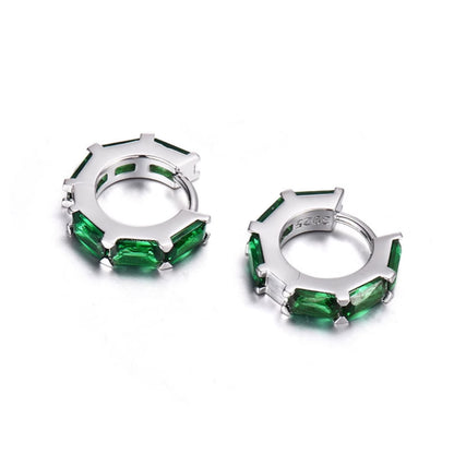 Sterling Silver Green CZ Huggie Hoop Earrings – Rhodium Finish