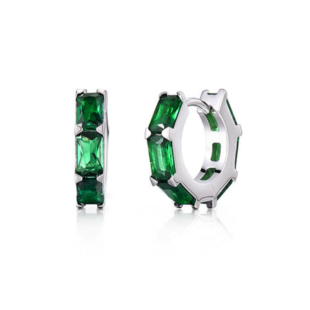 Sterling Silver Green CZ Huggie Hoop Earrings – Rhodium Finish