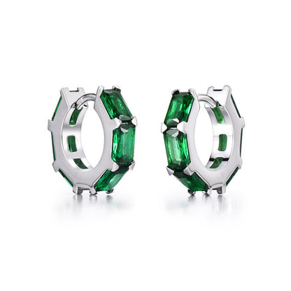 Sterling Silver Green CZ Huggie Hoop Earrings – Rhodium Finish