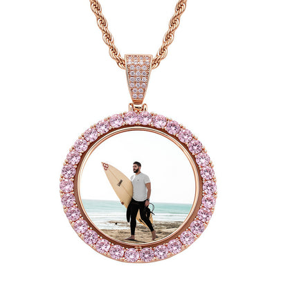 42mm Gold Plated Two-Sided Rotating Custom Photo Round Pendant with 5A CZ