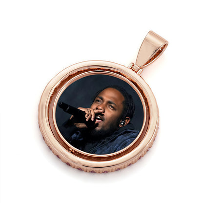 42mm Gold Plated Two-Sided Rotating Custom Photo Round Pendant with 5A CZ