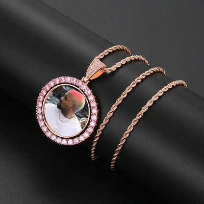 42mm Gold Plated Two-Sided Rotating Custom Photo Round Pendant with 5A CZ