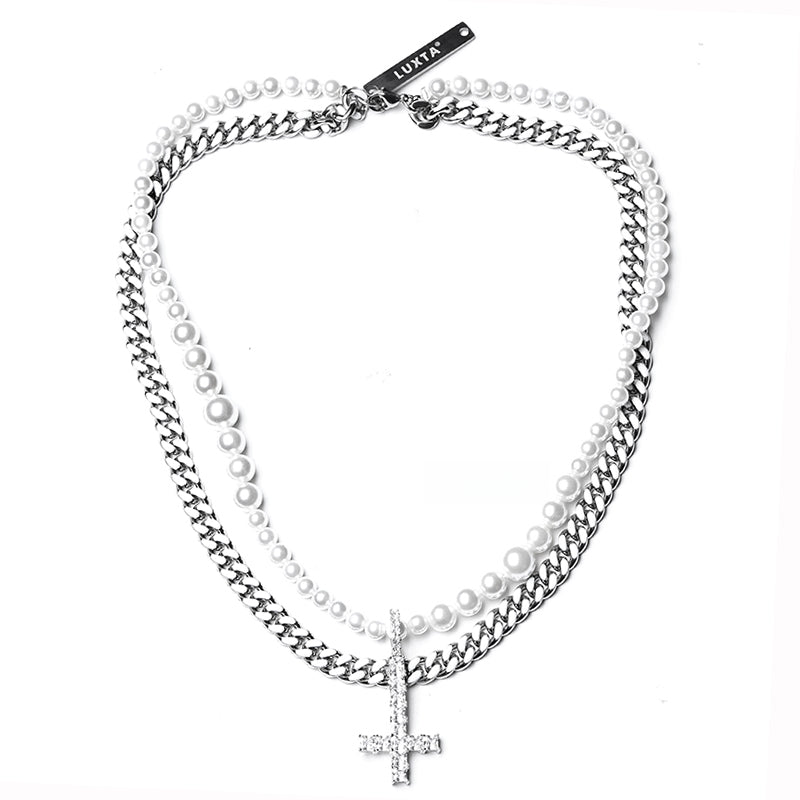 Pearl Cuban Link Cross Layered Pendant – Silver Finish