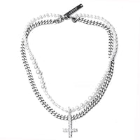 Pearl Cuban Link Cross Layered Pendant – Silver Finish
