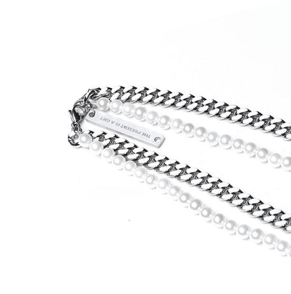 Pearl Cuban Link Cross Layered Pendant – Silver Finish