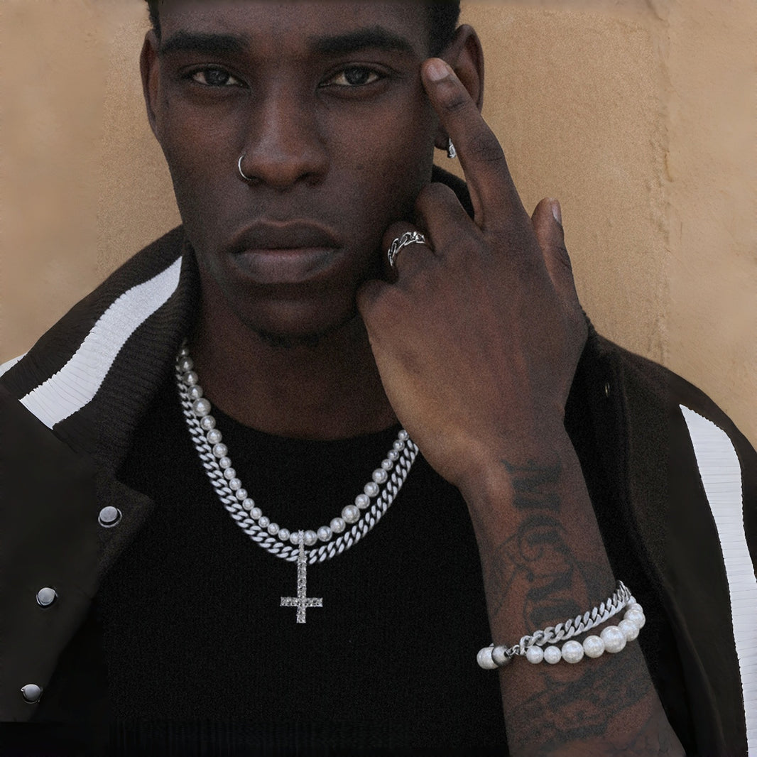 Pearl Cuban Link Cross Layered Pendant – Silver Finish